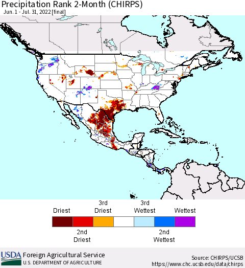 North America Precipitation Rank since 1981, 2-Month (CHIRPS) Thematic Map For 6/1/2022 - 7/31/2022