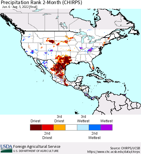 North America Precipitation Rank since 1981, 2-Month (CHIRPS) Thematic Map For 6/6/2022 - 8/5/2022