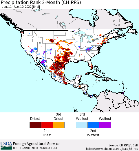 North America Precipitation Rank since 1981, 2-Month (CHIRPS) Thematic Map For 6/11/2022 - 8/10/2022