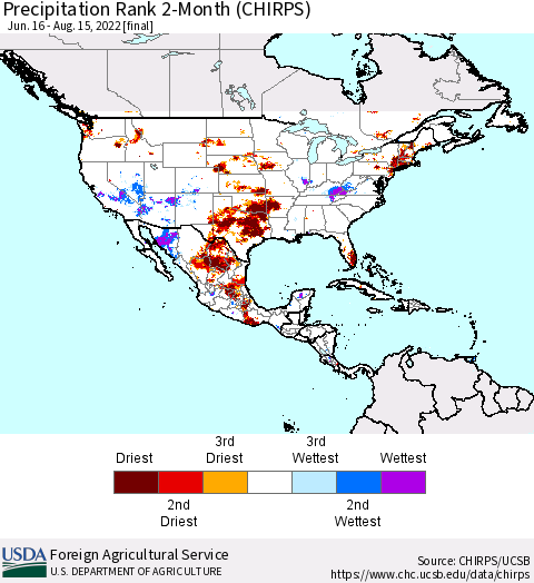 North America Precipitation Rank since 1981, 2-Month (CHIRPS) Thematic Map For 6/16/2022 - 8/15/2022
