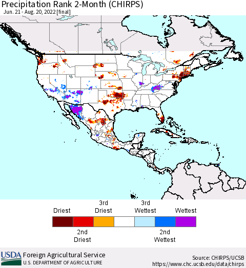 North America Precipitation Rank since 1981, 2-Month (CHIRPS) Thematic Map For 6/21/2022 - 8/20/2022