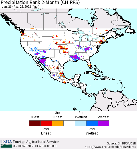North America Precipitation Rank since 1981, 2-Month (CHIRPS) Thematic Map For 6/26/2022 - 8/25/2022