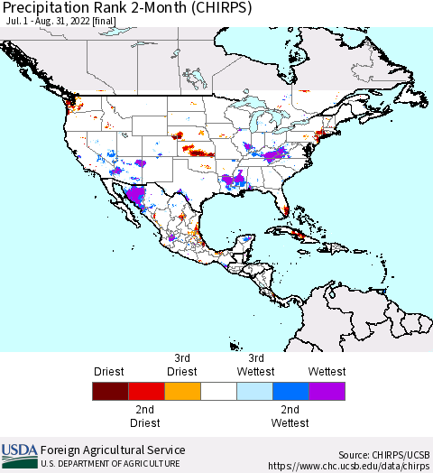 North America Precipitation Rank since 1981, 2-Month (CHIRPS) Thematic Map For 7/1/2022 - 8/31/2022