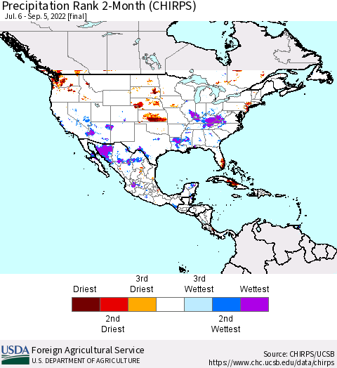 North America Precipitation Rank since 1981, 2-Month (CHIRPS) Thematic Map For 7/6/2022 - 9/5/2022