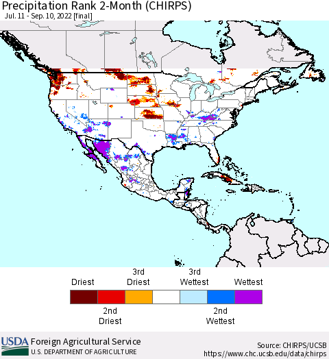 North America Precipitation Rank since 1981, 2-Month (CHIRPS) Thematic Map For 7/11/2022 - 9/10/2022