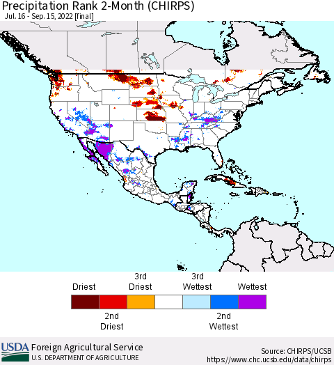 North America Precipitation Rank since 1981, 2-Month (CHIRPS) Thematic Map For 7/16/2022 - 9/15/2022