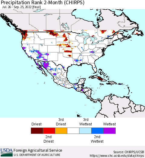North America Precipitation Rank since 1981, 2-Month (CHIRPS) Thematic Map For 7/26/2022 - 9/25/2022