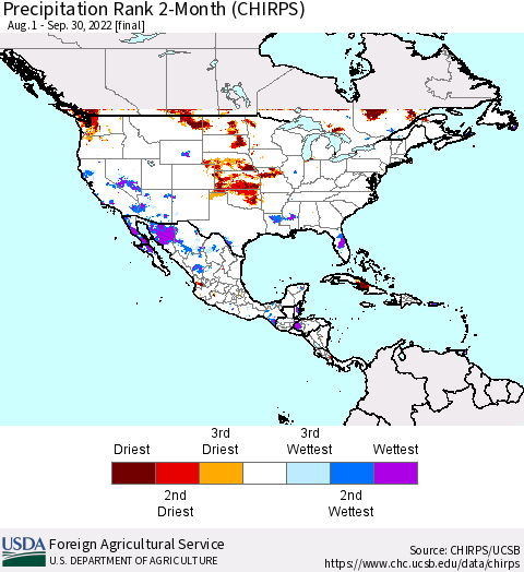 North America Precipitation Rank since 1981, 2-Month (CHIRPS) Thematic Map For 8/1/2022 - 9/30/2022