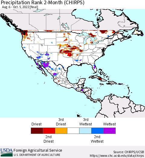 North America Precipitation Rank since 1981, 2-Month (CHIRPS) Thematic Map For 8/6/2022 - 10/5/2022