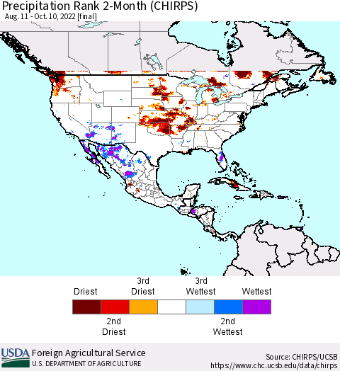 North America Precipitation Rank since 1981, 2-Month (CHIRPS) Thematic Map For 8/11/2022 - 10/10/2022