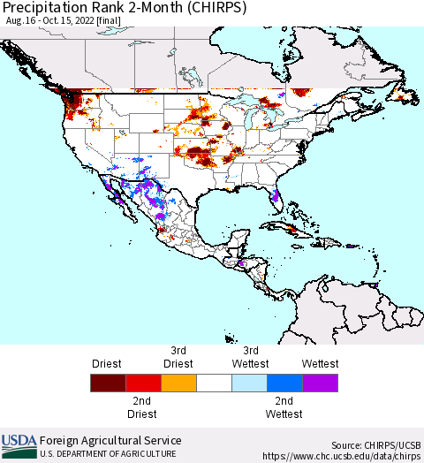 North America Precipitation Rank since 1981, 2-Month (CHIRPS) Thematic Map For 8/16/2022 - 10/15/2022