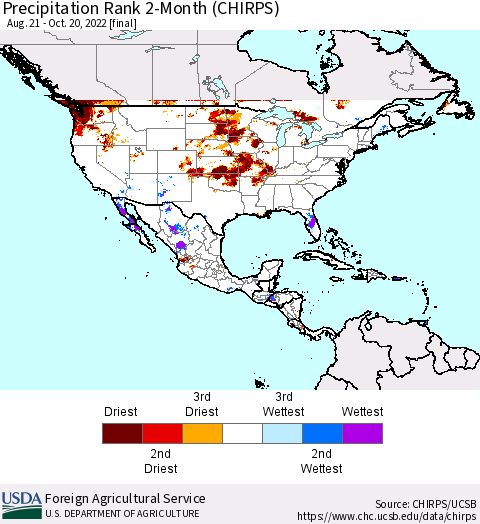 North America Precipitation Rank since 1981, 2-Month (CHIRPS) Thematic Map For 8/21/2022 - 10/20/2022