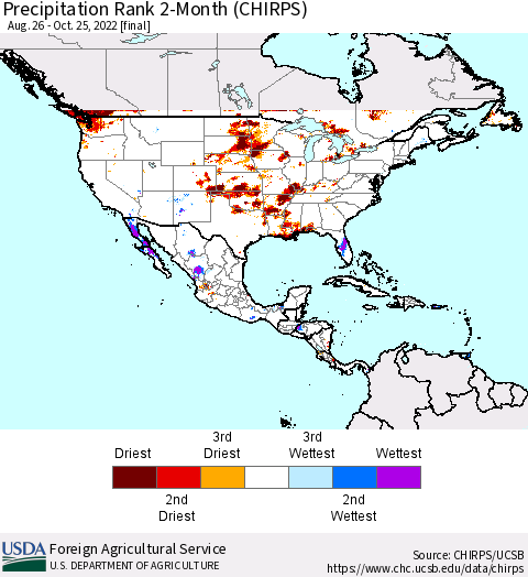 North America Precipitation Rank since 1981, 2-Month (CHIRPS) Thematic Map For 8/26/2022 - 10/25/2022