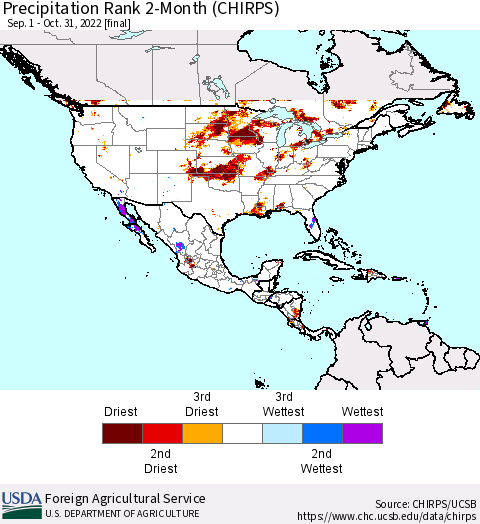 North America Precipitation Rank since 1981, 2-Month (CHIRPS) Thematic Map For 9/1/2022 - 10/31/2022