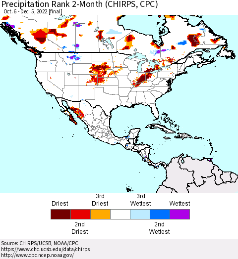 North America Precipitation Rank since 1981, 2-Month (CHIRPS) Thematic Map For 10/6/2022 - 12/5/2022