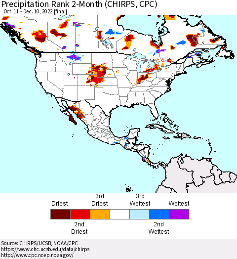 North America Precipitation Rank since 1981, 2-Month (CHIRPS) Thematic Map For 10/11/2022 - 12/10/2022