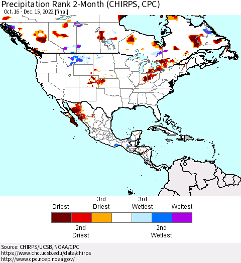 North America Precipitation Rank since 1981, 2-Month (CHIRPS) Thematic Map For 10/16/2022 - 12/15/2022