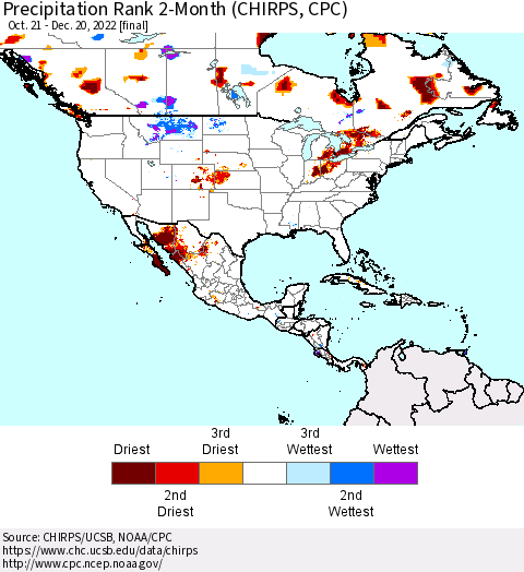 North America Precipitation Rank since 1981, 2-Month (CHIRPS) Thematic Map For 10/21/2022 - 12/20/2022