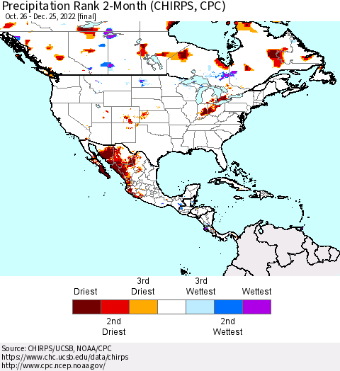 North America Precipitation Rank since 1981, 2-Month (CHIRPS) Thematic Map For 10/26/2022 - 12/25/2022