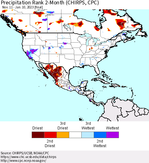North America Precipitation Rank since 1981, 2-Month (CHIRPS) Thematic Map For 11/11/2022 - 1/10/2023