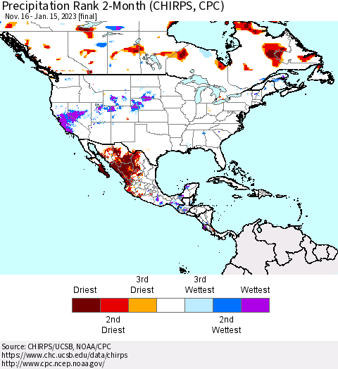 North America Precipitation Rank since 1981, 2-Month (CHIRPS) Thematic Map For 11/16/2022 - 1/15/2023