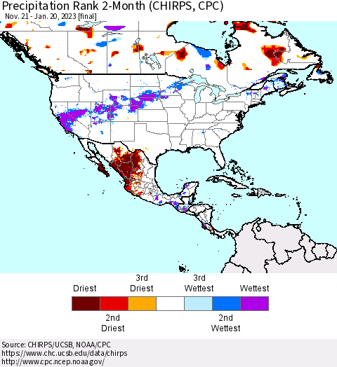 North America Precipitation Rank since 1981, 2-Month (CHIRPS) Thematic Map For 11/21/2022 - 1/20/2023