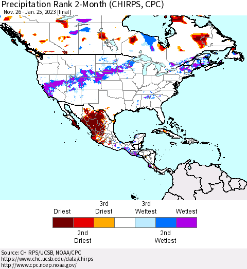North America Precipitation Rank since 1981, 2-Month (CHIRPS) Thematic Map For 11/26/2022 - 1/25/2023
