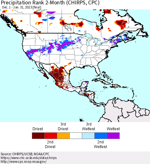 North America Precipitation Rank since 1981, 2-Month (CHIRPS) Thematic Map For 12/1/2022 - 1/31/2023