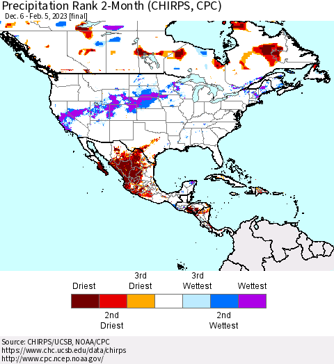 North America Precipitation Rank since 1981, 2-Month (CHIRPS) Thematic Map For 12/6/2022 - 2/5/2023