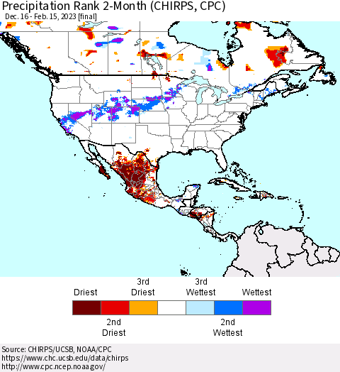 North America Precipitation Rank since 1981, 2-Month (CHIRPS) Thematic Map For 12/16/2022 - 2/15/2023