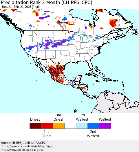North America Precipitation Rank since 1981, 2-Month (CHIRPS) Thematic Map For 12/21/2022 - 2/20/2023