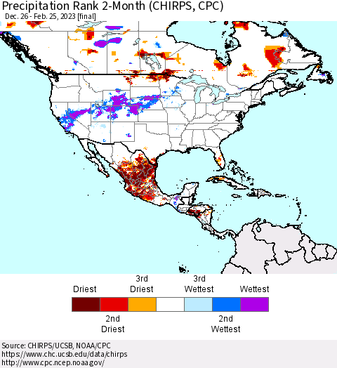 North America Precipitation Rank since 1981, 2-Month (CHIRPS) Thematic Map For 12/26/2022 - 2/25/2023