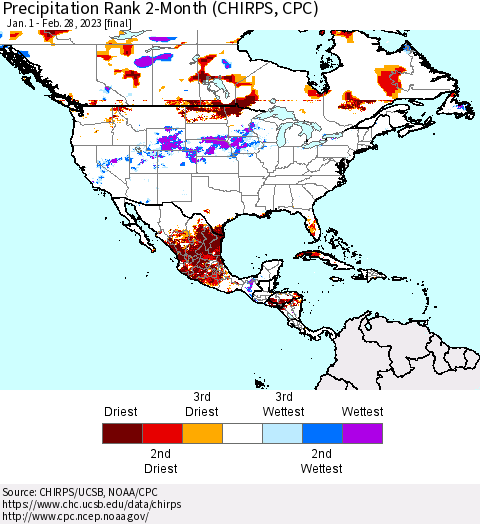 North America Precipitation Rank since 1981, 2-Month (CHIRPS) Thematic Map For 1/1/2023 - 2/28/2023