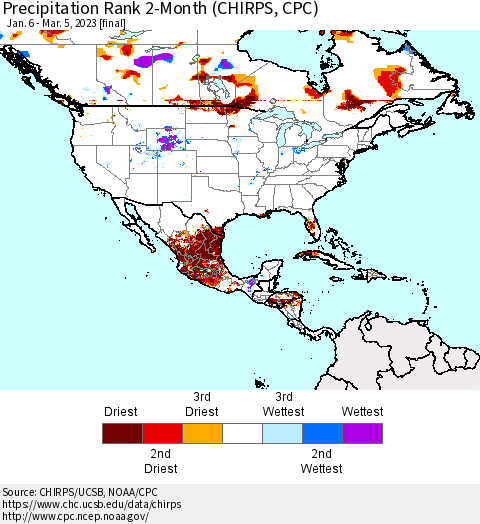 North America Precipitation Rank since 1981, 2-Month (CHIRPS) Thematic Map For 1/6/2023 - 3/5/2023