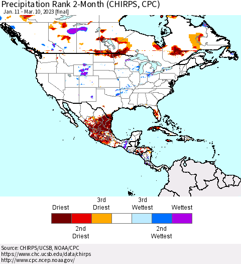 North America Precipitation Rank since 1981, 2-Month (CHIRPS) Thematic Map For 1/11/2023 - 3/10/2023