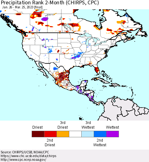 North America Precipitation Rank since 1981, 2-Month (CHIRPS) Thematic Map For 1/26/2023 - 3/25/2023