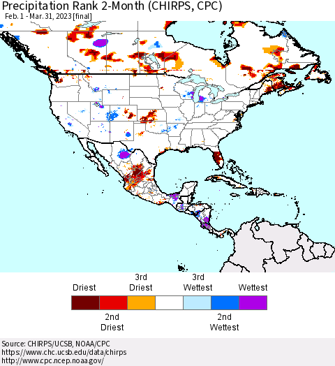 North America Precipitation Rank since 1981, 2-Month (CHIRPS) Thematic Map For 2/1/2023 - 3/31/2023