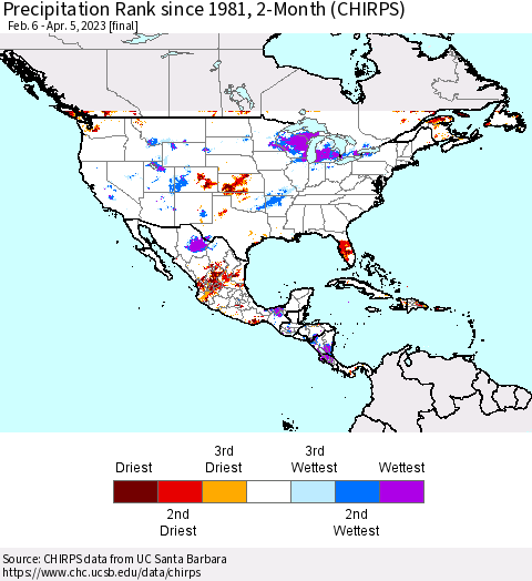 North America Precipitation Rank since 1981, 2-Month (CHIRPS) Thematic Map For 2/6/2023 - 4/5/2023