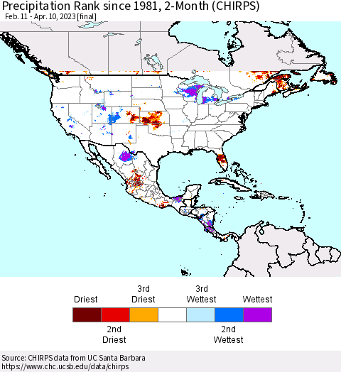 North America Precipitation Rank since 1981, 2-Month (CHIRPS) Thematic Map For 2/11/2023 - 4/10/2023