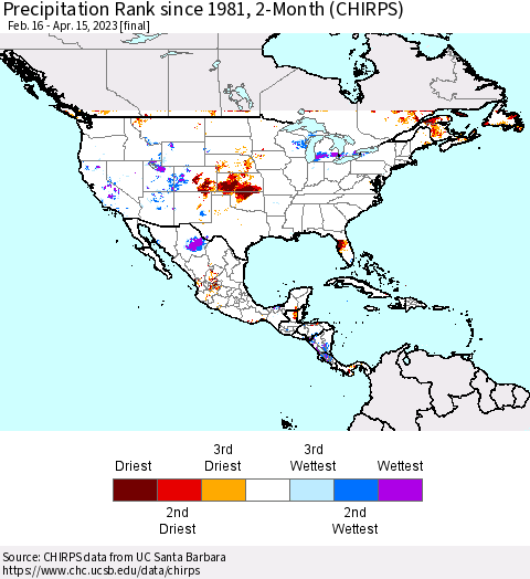 North America Precipitation Rank since 1981, 2-Month (CHIRPS) Thematic Map For 2/16/2023 - 4/15/2023