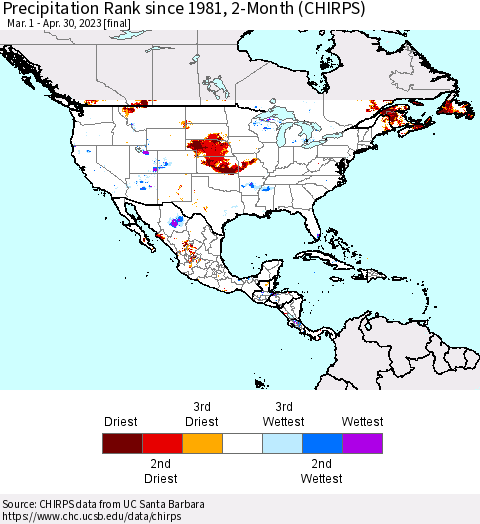 North America Precipitation Rank since 1981, 2-Month (CHIRPS) Thematic Map For 3/1/2023 - 4/30/2023