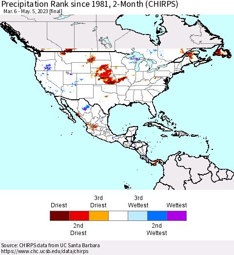 North America Precipitation Rank since 1981, 2-Month (CHIRPS) Thematic Map For 3/6/2023 - 5/5/2023