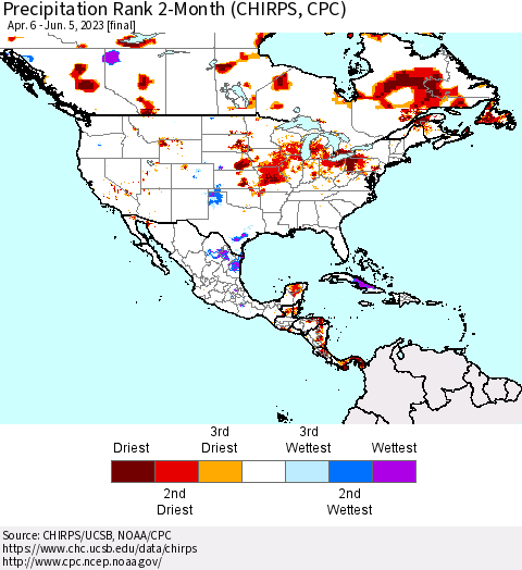 North America Precipitation Rank since 1981, 2-Month (CHIRPS) Thematic Map For 4/6/2023 - 6/5/2023