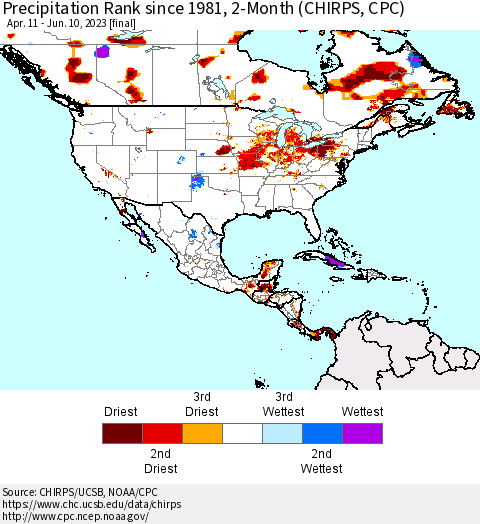 North America Precipitation Rank since 1981, 2-Month (CHIRPS) Thematic Map For 4/11/2023 - 6/10/2023
