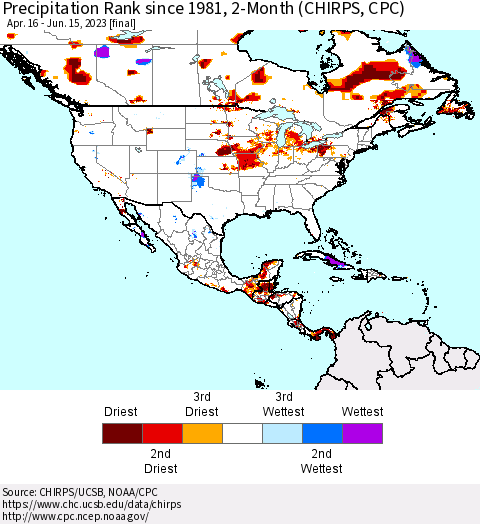 North America Precipitation Rank since 1981, 2-Month (CHIRPS) Thematic Map For 4/16/2023 - 6/15/2023