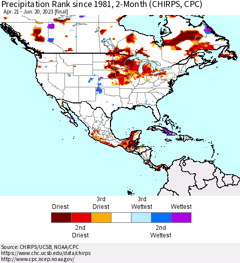 North America Precipitation Rank since 1981, 2-Month (CHIRPS) Thematic Map For 4/21/2023 - 6/20/2023