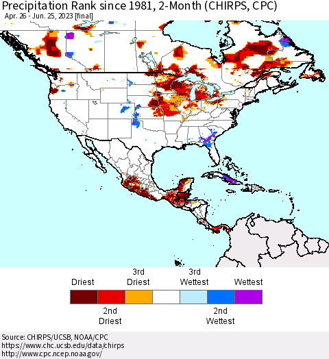 North America Precipitation Rank since 1981, 2-Month (CHIRPS) Thematic Map For 4/26/2023 - 6/25/2023