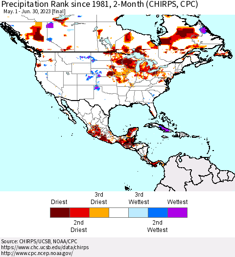 North America Precipitation Rank since 1981, 2-Month (CHIRPS) Thematic Map For 5/1/2023 - 6/30/2023