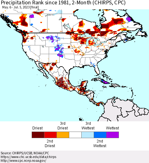 North America Precipitation Rank since 1981, 2-Month (CHIRPS) Thematic Map For 5/6/2023 - 7/5/2023