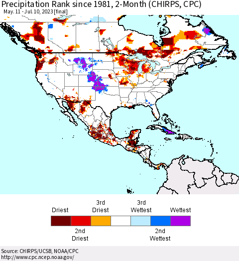 North America Precipitation Rank since 1981, 2-Month (CHIRPS) Thematic Map For 5/11/2023 - 7/10/2023